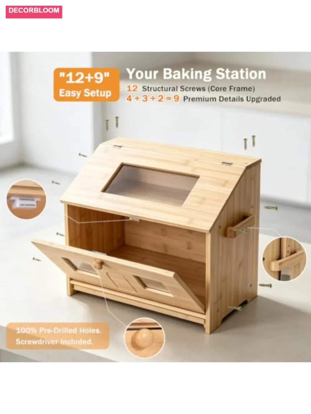 4-in-1 Bamboo Bread Box for Countertop: Store, Slice & Serve, 22.5L